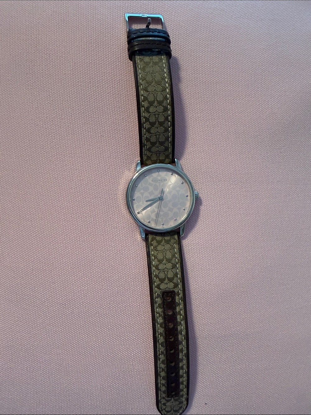 Coach Womens Signature Monogram Leather Strap Watch with Pink and Silver Dial